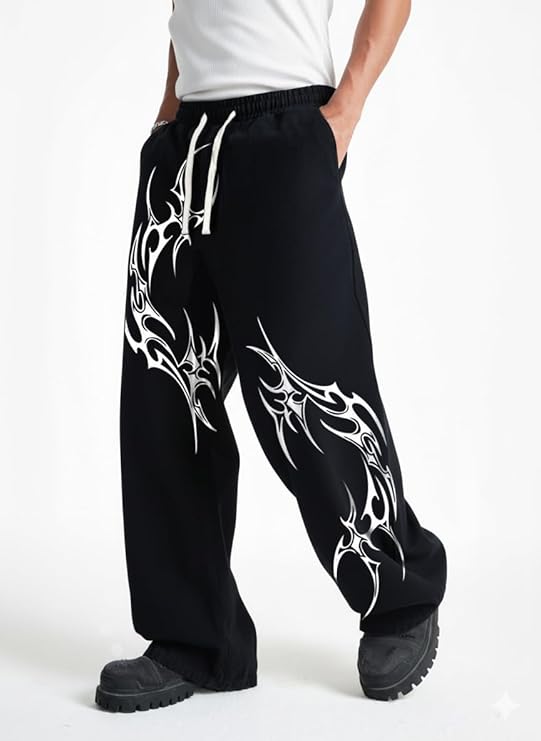 Men’s Baggy Track Pants, Baggy Streetwear, Cotton Track Pants, Elastic Waist & Relaxed Fit Bottoms.