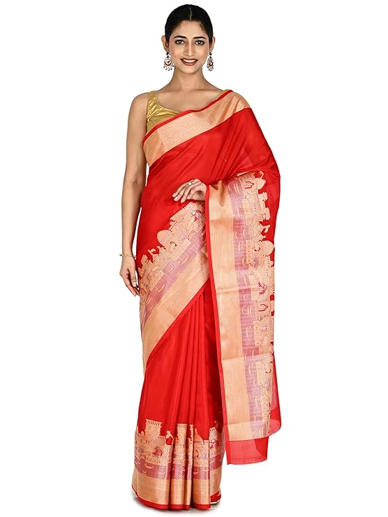 Kalaangn Women’s Red Katan Silk Ghat Saree | Premium Katan Silk Fabric | Red | Festive Wedding Ethnic Indian Traditional Saree for Women | Ethnic Indian Saree