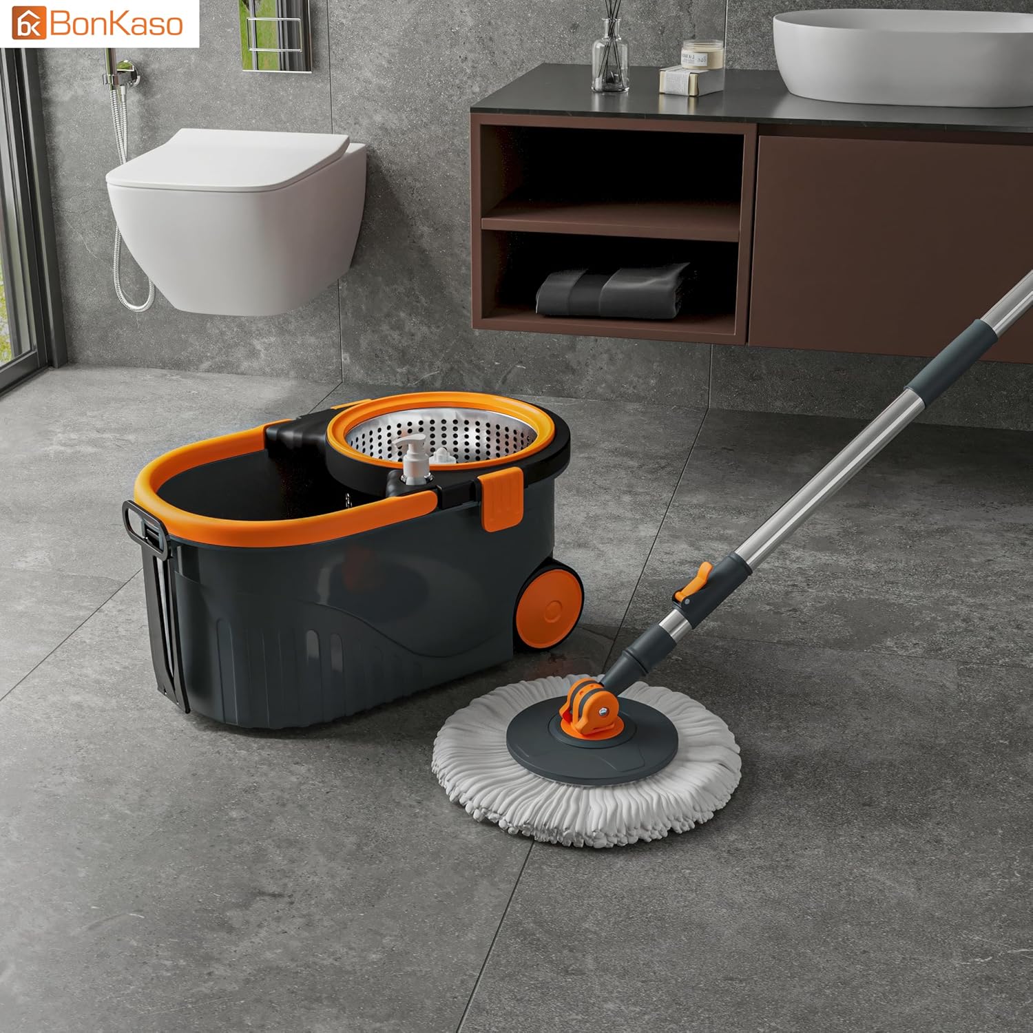 Bonkaso Spin Mop with Stainless Steel Wringer & Big Wheels | 360° Rotating Mop, Adjustable Handle | Easy Floor Cleaning Bucket Set with 2 Microfiber Refills – Grey & Orange (46 x 26.5 x 23 cm)