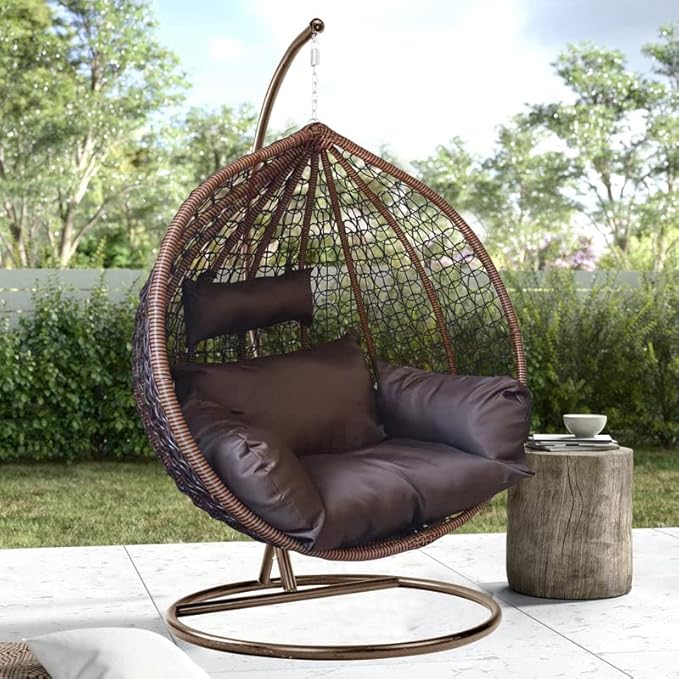 Rattan Furniture Single Seater Swing Chair with Stand & Cushion Outdoor Indoor Balcony Garden Patio,Powder Coated Frame,UV Protected Wicker,Premium Cushion NS-24