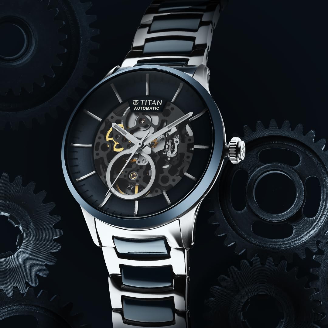 Titan Ceramic Fusion Automatic Blue Dial Silver Dual-Toned Stainless Steel Bracelet Watch for Men-90174KD02
