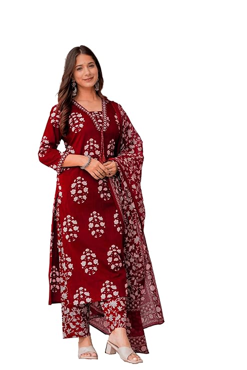 PARTHVI Women’s Pure Cotton Printed Straight Kurta Set with Palazzo Pants & Dupatta- Ethnic Wear, Green