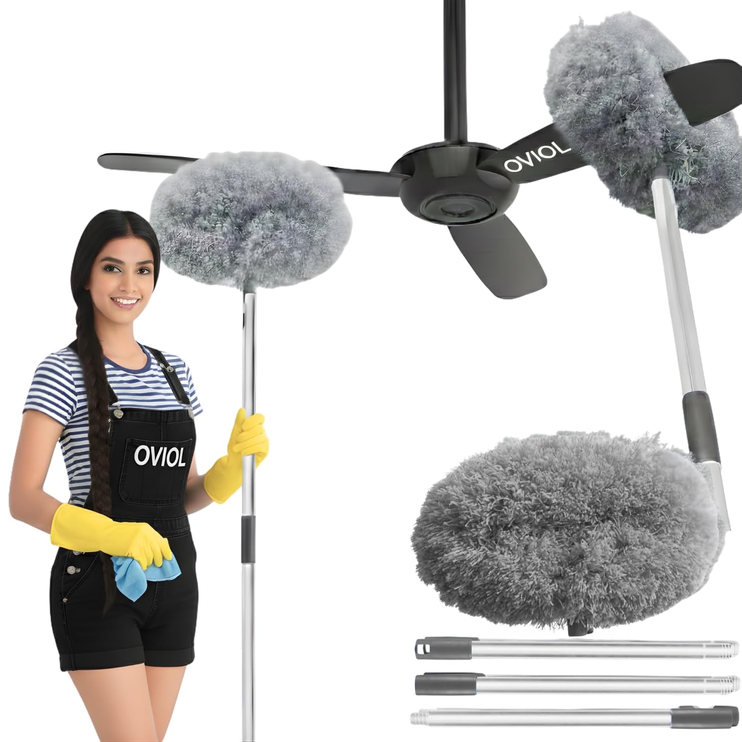 OVIOL Fan Cleaner Brush with Long Rod Flexible Fan Cleaning Mop Microfiber Dust Cleaner Foldable Duster for Home Cleaning Microfiber Duster Cleaning Home, Kitchen, Car, Ceiling(Grey)